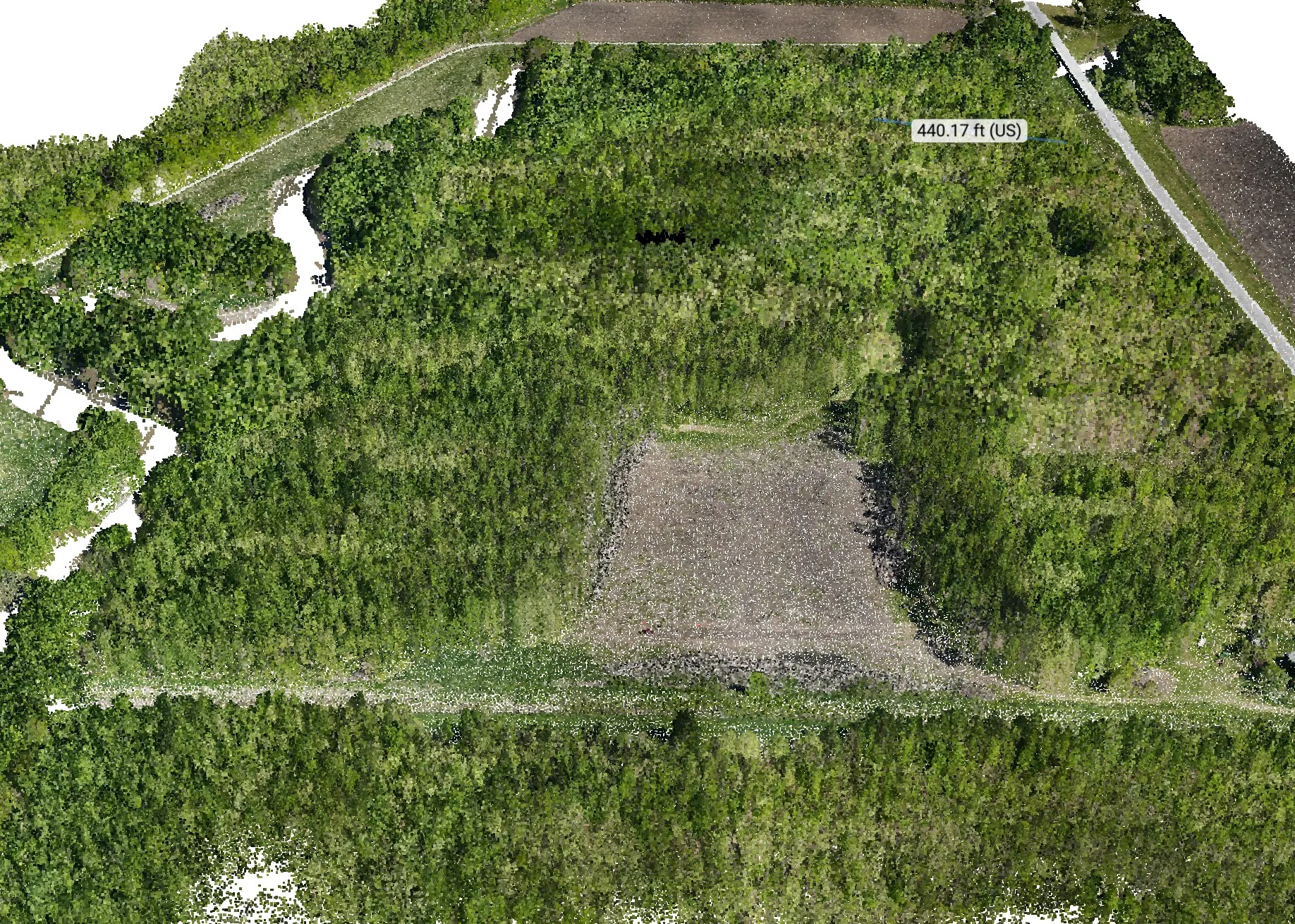 Colorized LiDAR point cloud of a wooded river floodplain with a cleared field, levee, and county road