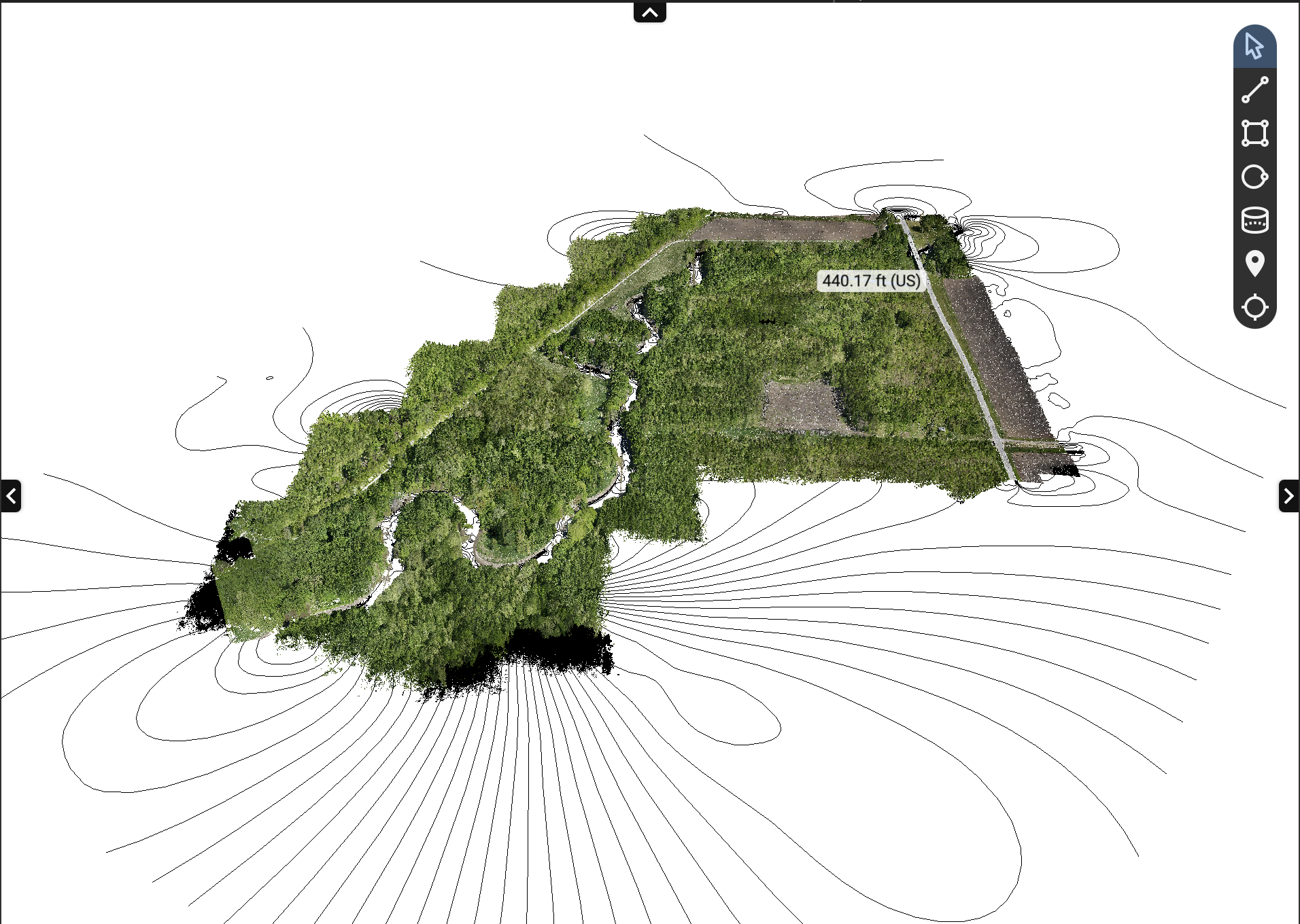Classified point cloud of the water line corridor with contour overlay