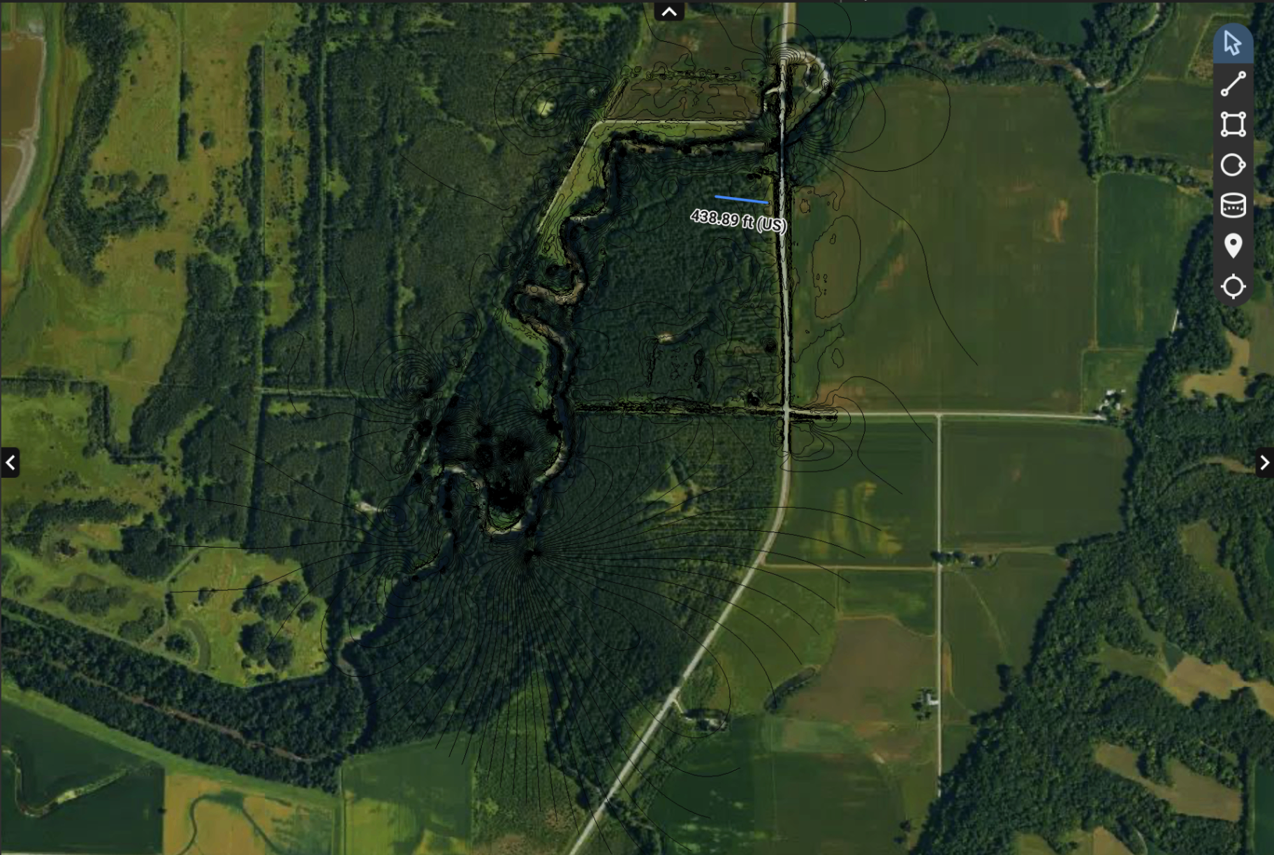 Orthomosaic of the water line corridor with contour lines overlaid on satellite imagery