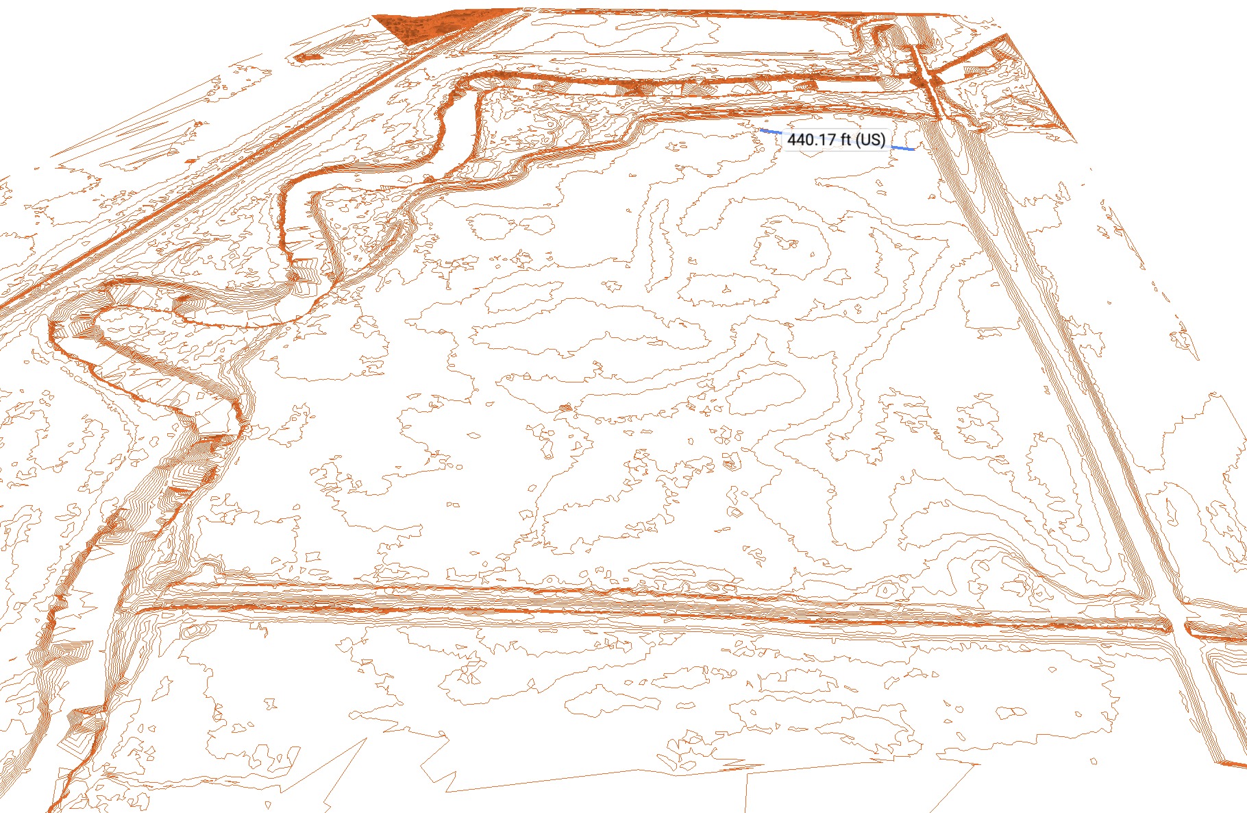 LiDAR-derived contour lines of a forested floodplain showing river banks, levee, and road ditches
