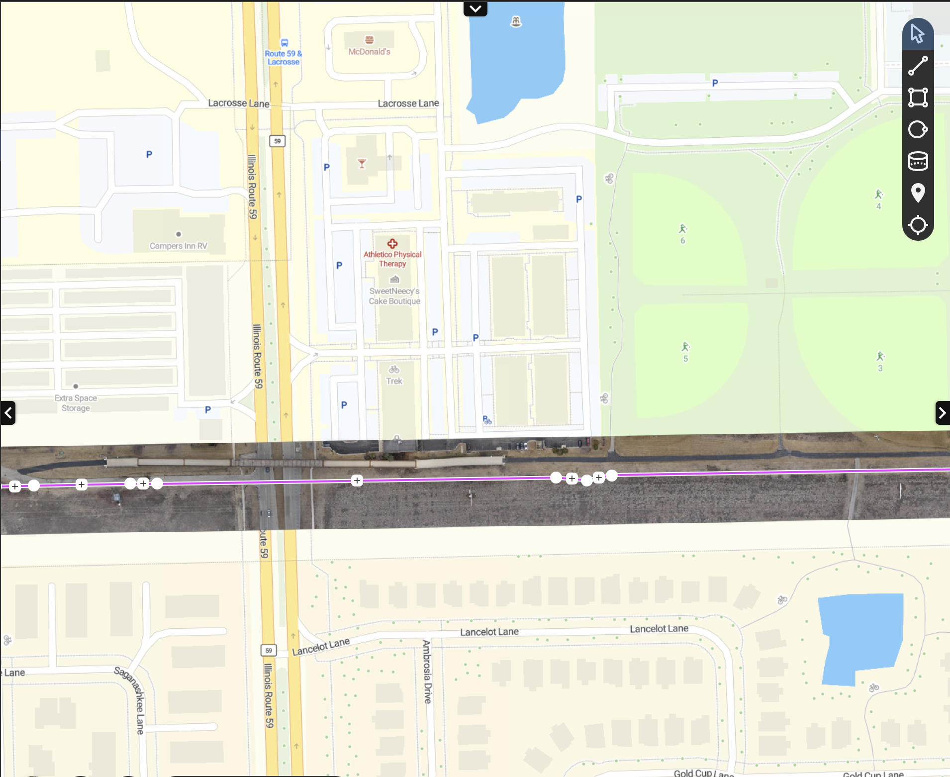 Corridor alignment overlaid on street basemap showing right-of-way through intersections