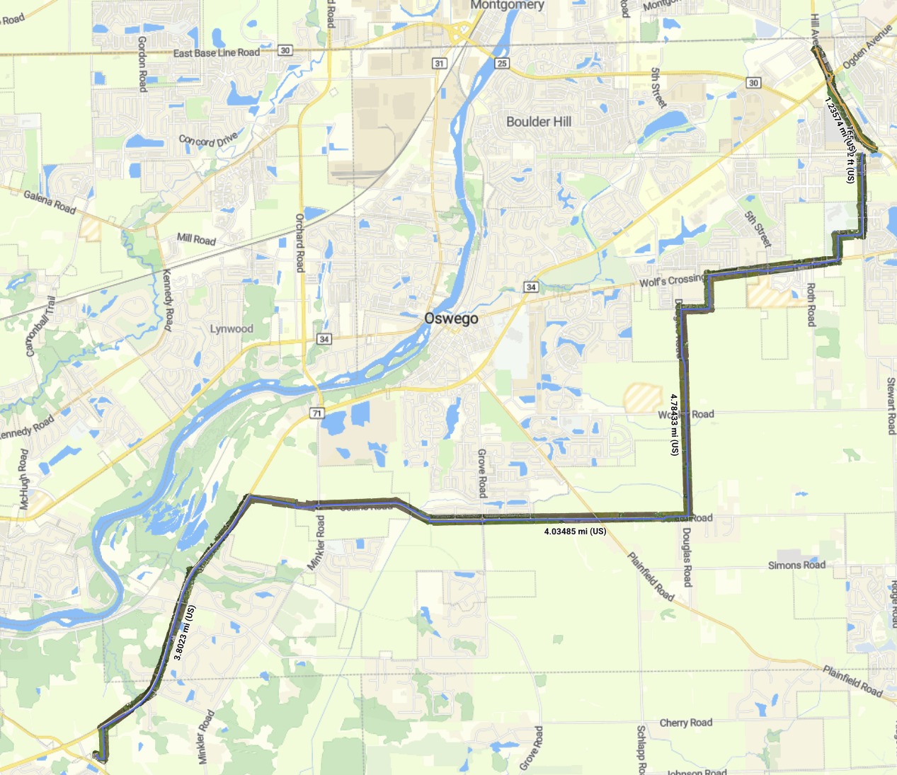 Drone-mapped corridor following roads around Oswego, Illinois, with route segment lengths labeled