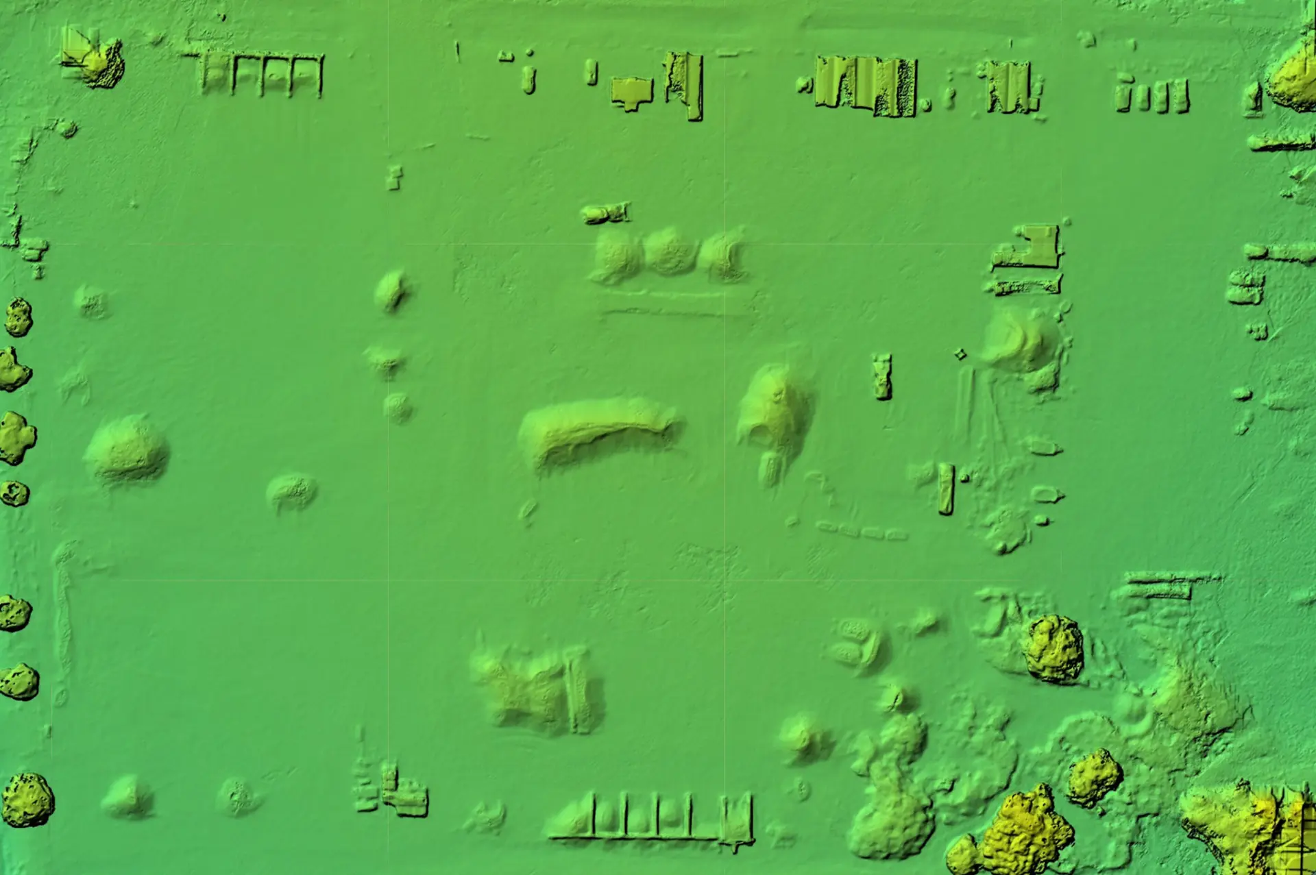 Shaded digital surface model of an aggregate yard showing stockpiles and grade changes