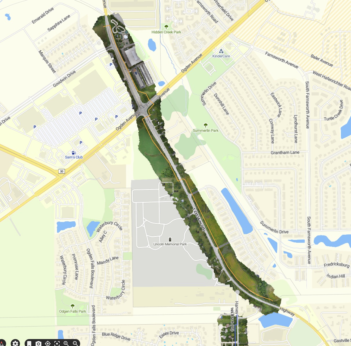Drone orthomosaic segment of a road corridor with the proposed route line overlaid