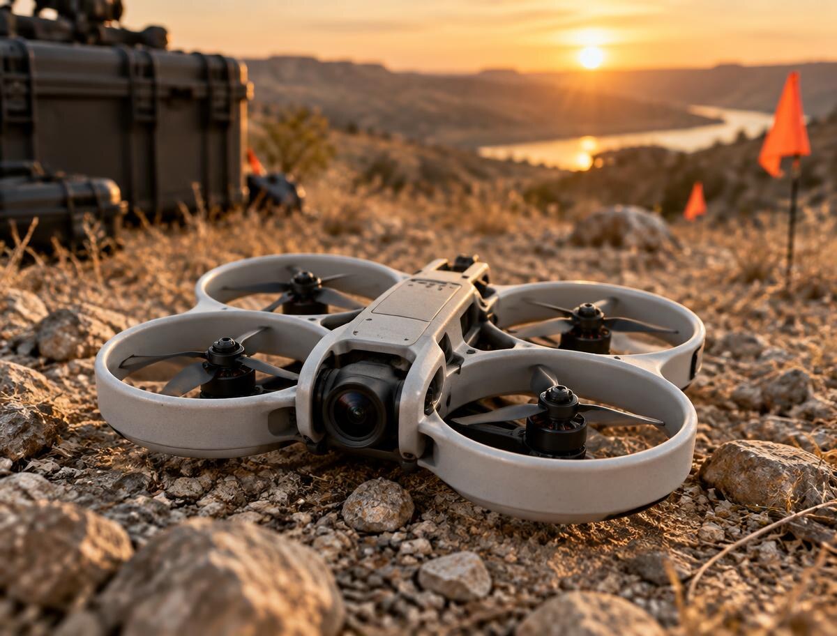 DJI Avata 2 FPV cinewhoop drone with ducted propellers on rocky terrain at golden hour