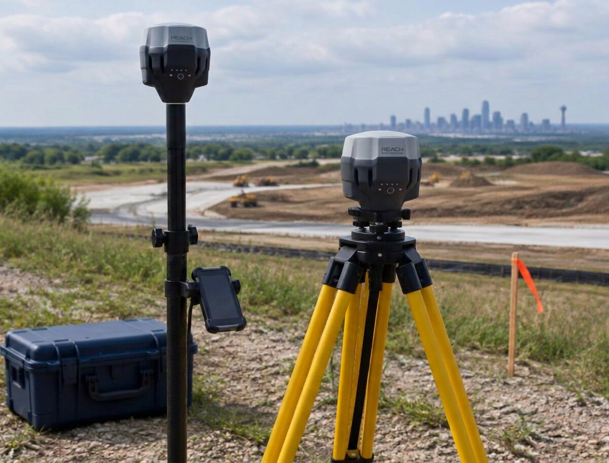 GNSS survey base and rover receivers deployed at a civil engineering site