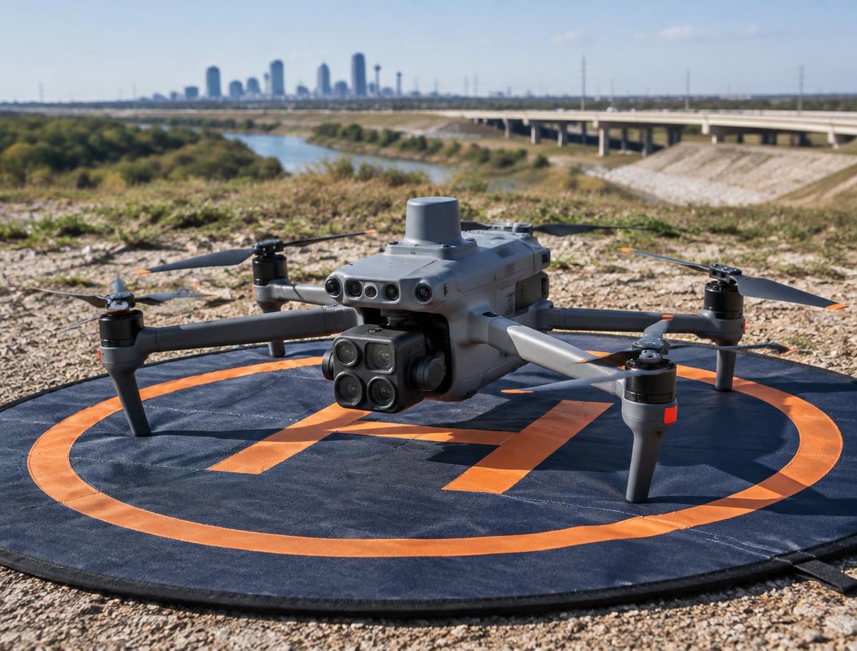 Compact enterprise mapping drone on a field landing pad