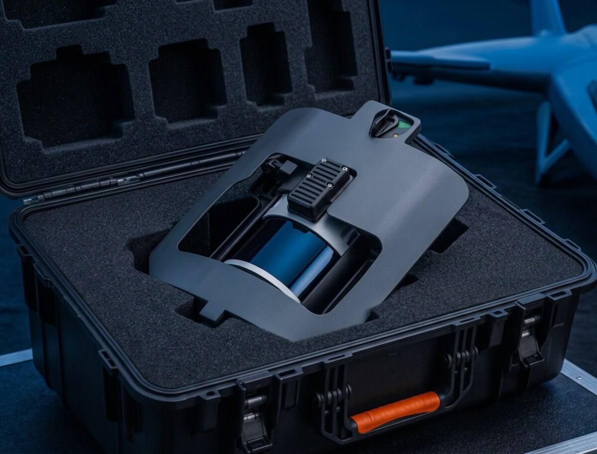 Wingtra LiDAR payload with its cylindrical laser scanner packed in a rugged survey case