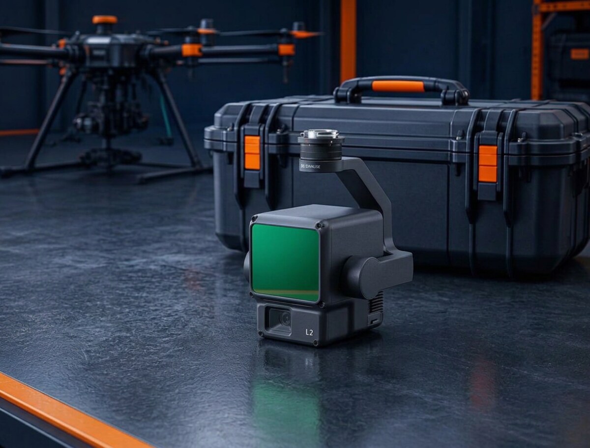DJI Zenmuse L2 LiDAR payload with teal scanner window seated in a rugged field case