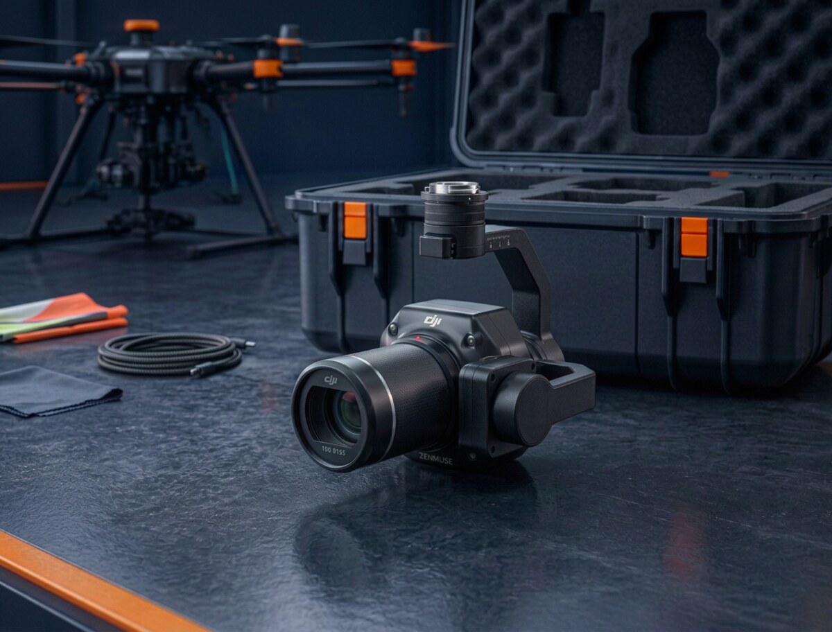 DJI Zenmuse P1 full-frame photogrammetry camera on a workbench in front of a rugged field case